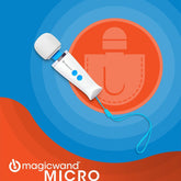 The image showcases the Magic Wand Micro Wand Massager, boasting a white head, blue buttons, and a sleek blue strap. Positioned against a vibrant blue and orange background, this pocket-sized powerhouse is USB-C rechargeable and highlights the Magic Wand brand logo along with the product name prominently below.